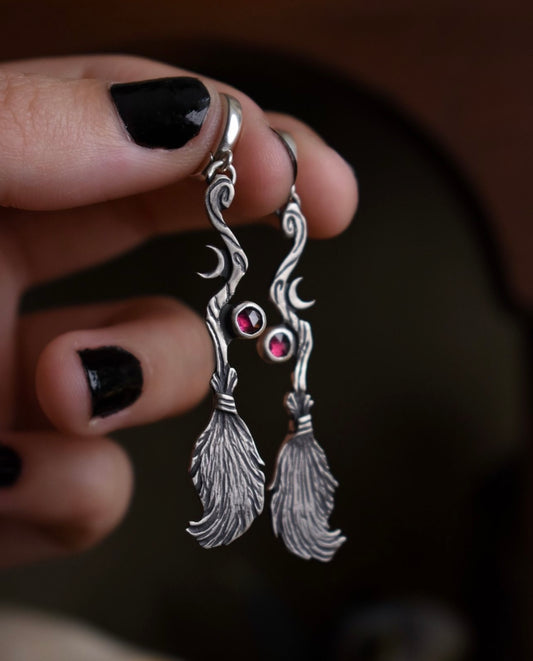 Witchy Whimsical Broom Earrings, Sterling silver.